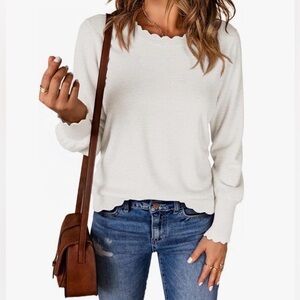 Women's White Scalloped Crew Neck Sweater